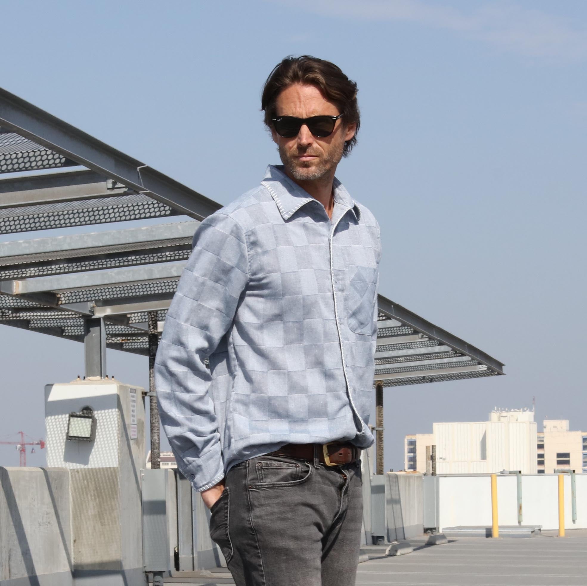 Ezra's washed Patchwork blanket stitches detailed shirt Denim