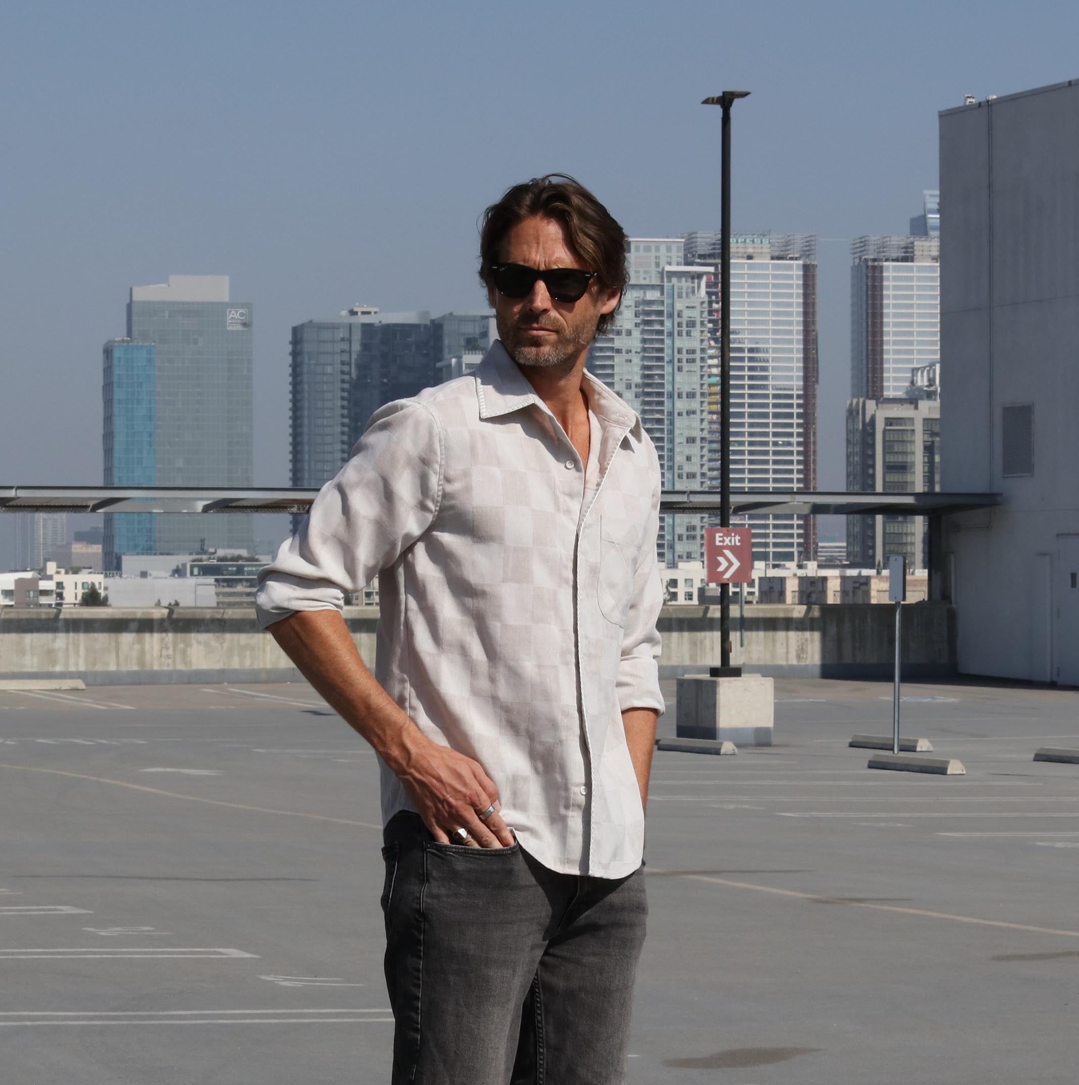 Ezra's washed Patchwork blanket stitches detailed shirt Oatmeal