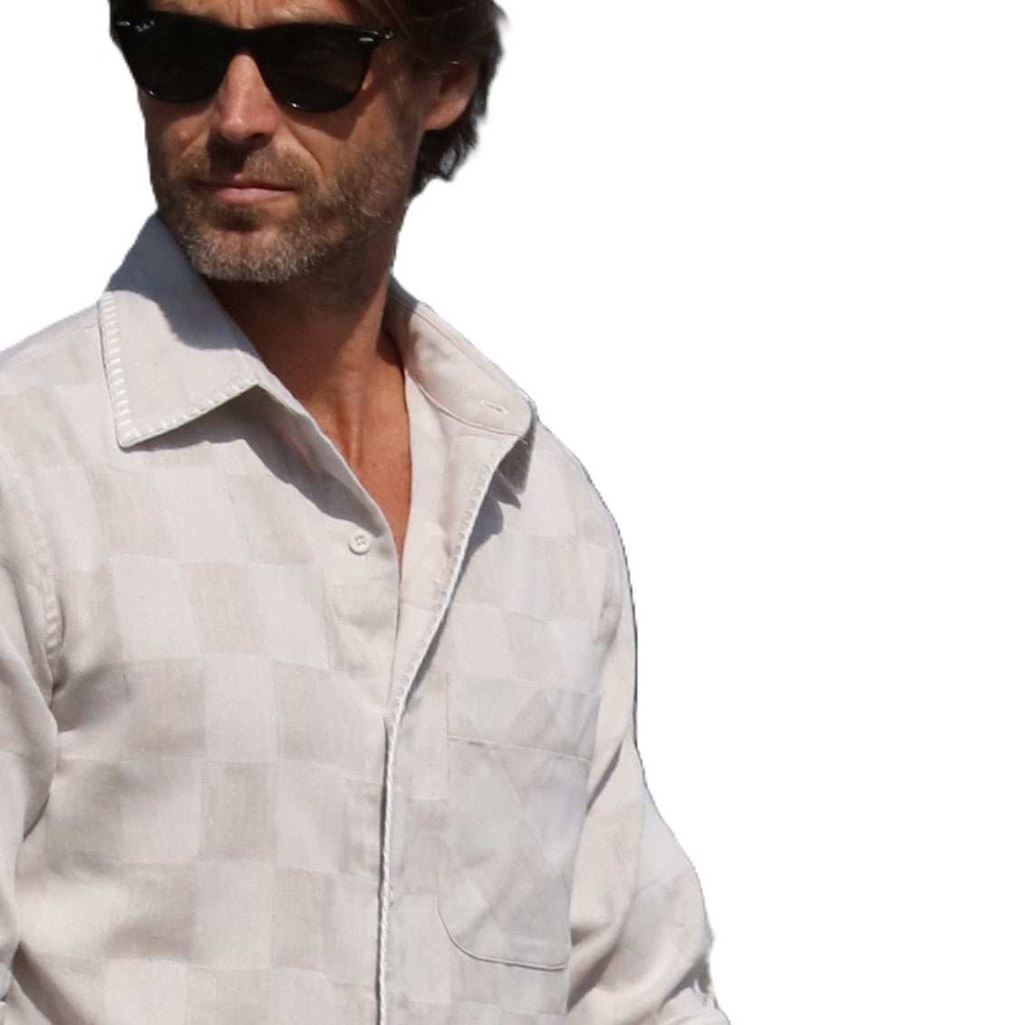 Ezra's washed Patchwork blanket stitches detailed shirt Oatmeal