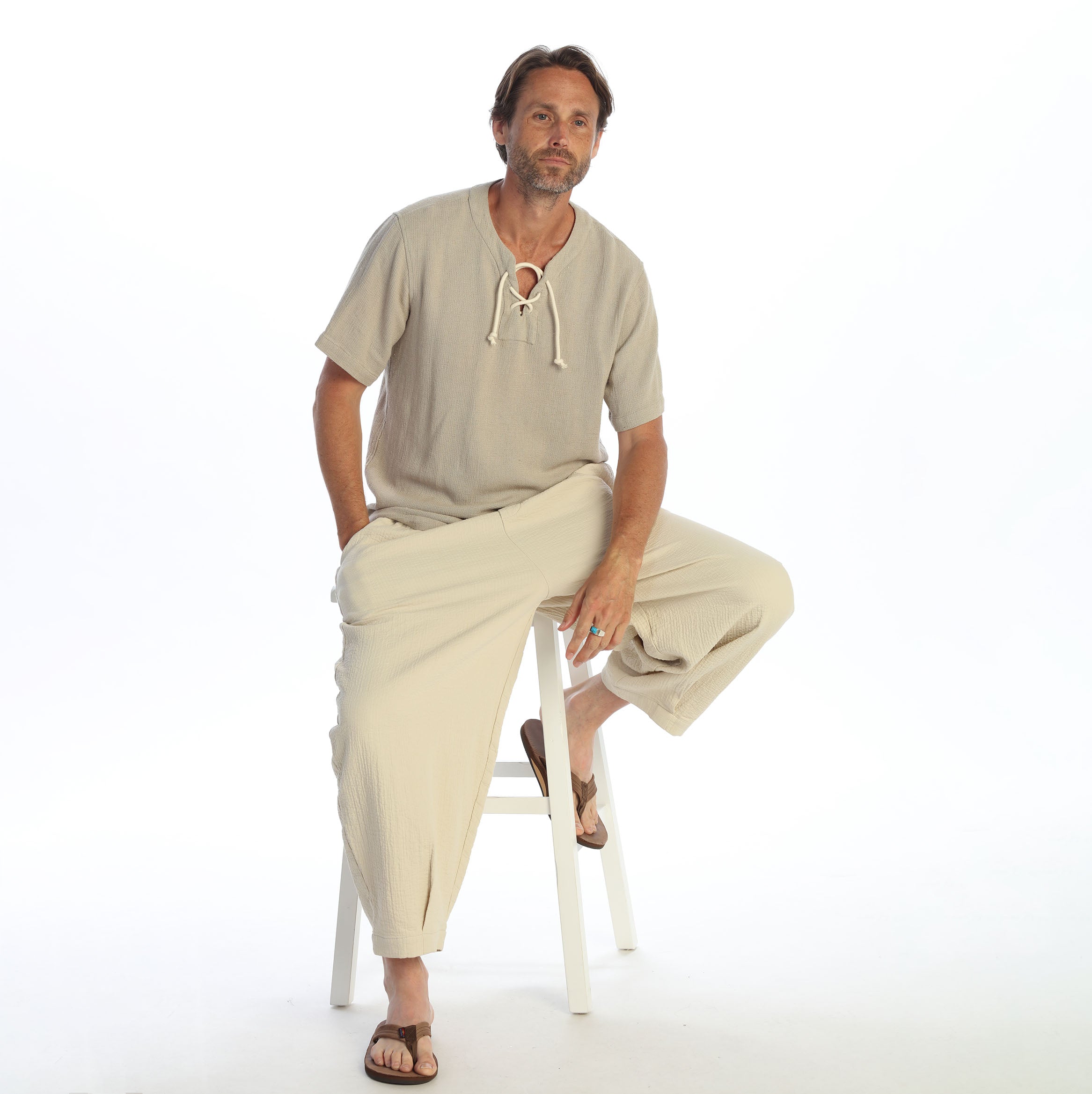 Caleb's Front lace up textured Linen Weave top