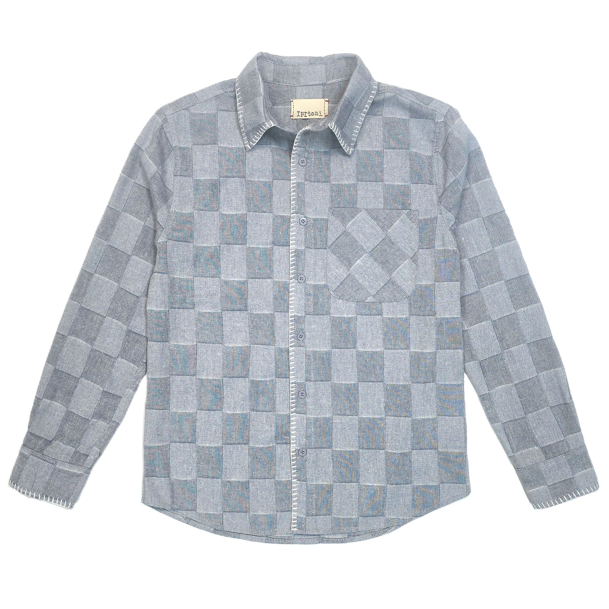 Ezra's washed Patchwork blanket stitches detailed shirt Denim