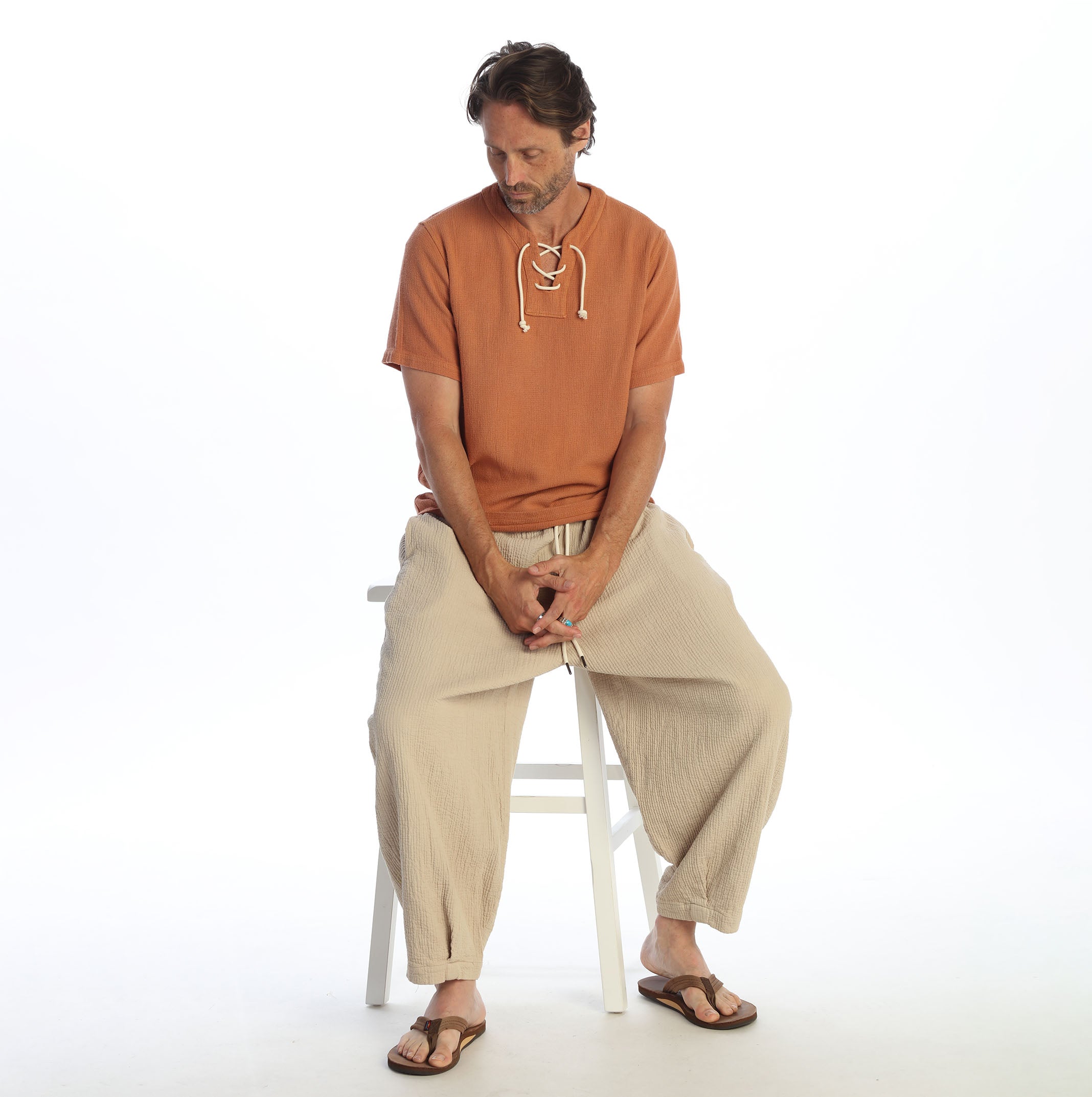 Caleb's Front lace up textured Linen  Weave top Salmon
