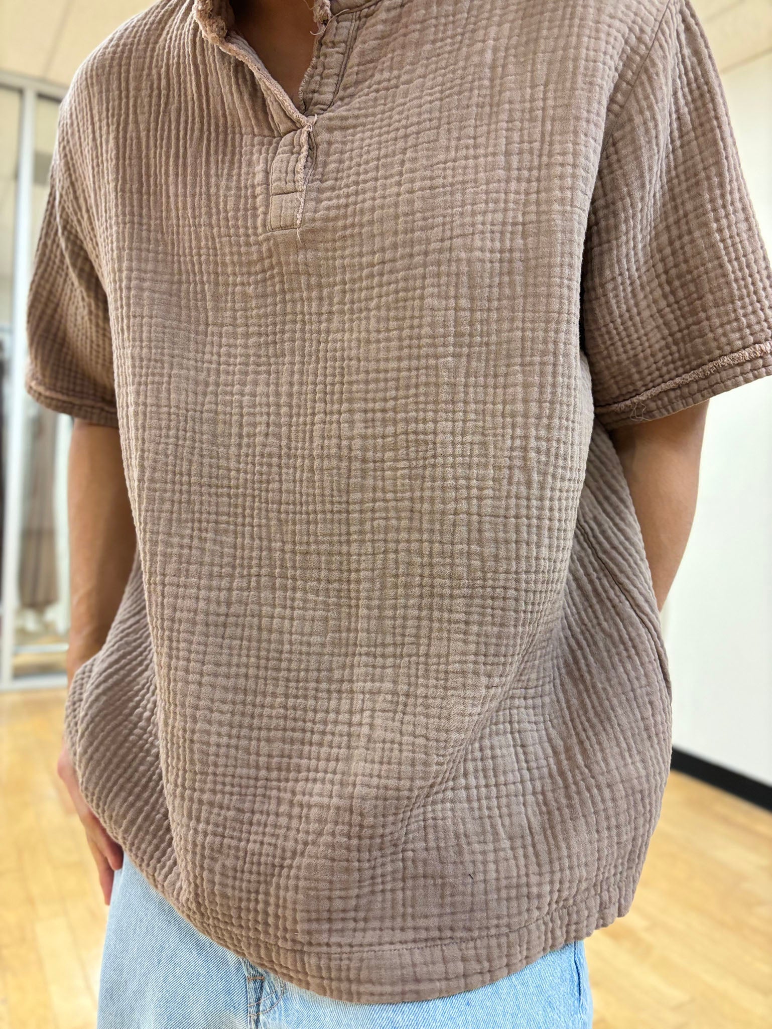 Jeremy's raw edge neck plackets triple gauze top Taupe color