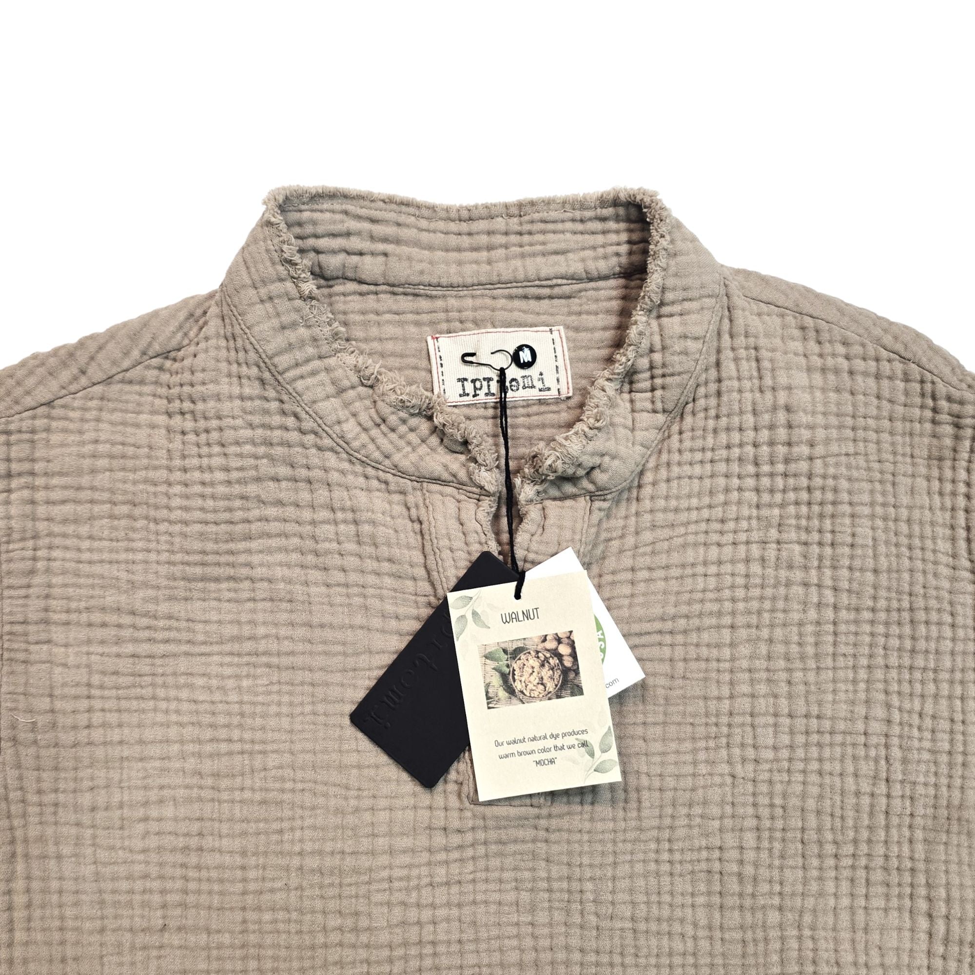 Jeremy's raw edge neck plackets triple gauze top Taupe color