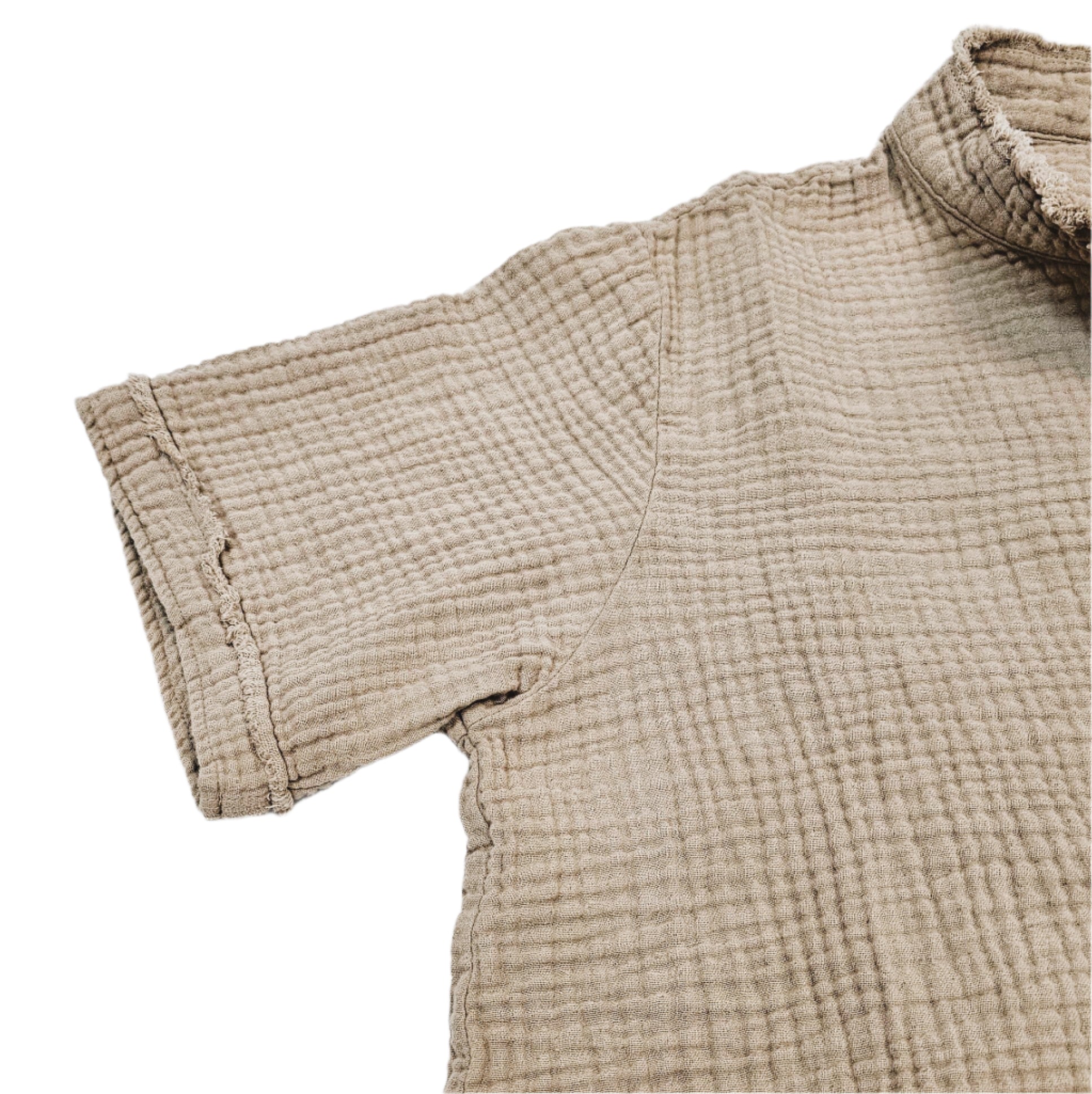 Jeremy's raw edge neck plackets triple gauze top Taupe color